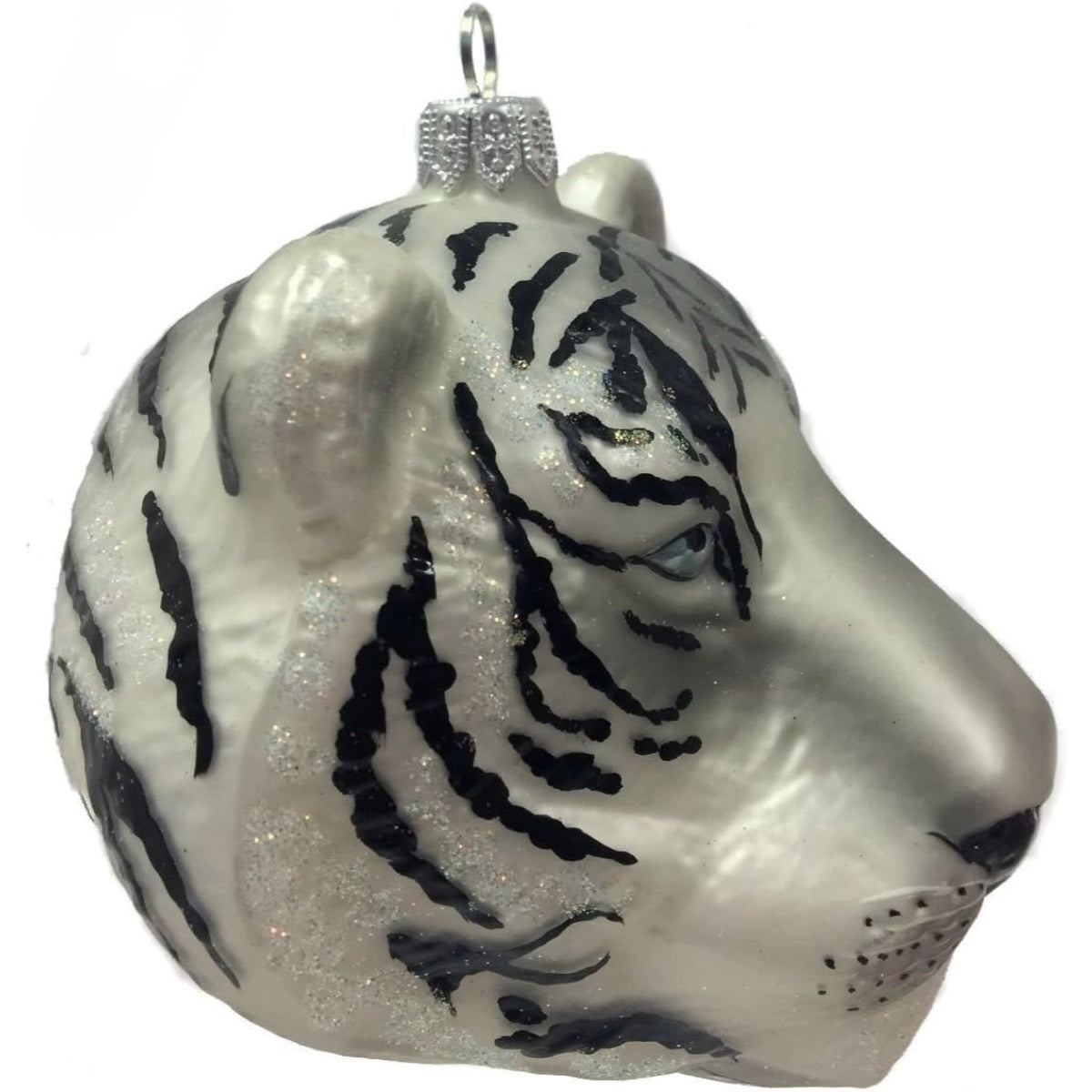 White Tiger Head Figural Polish Glass Christmas Tree Ornament Wild Cat Animal