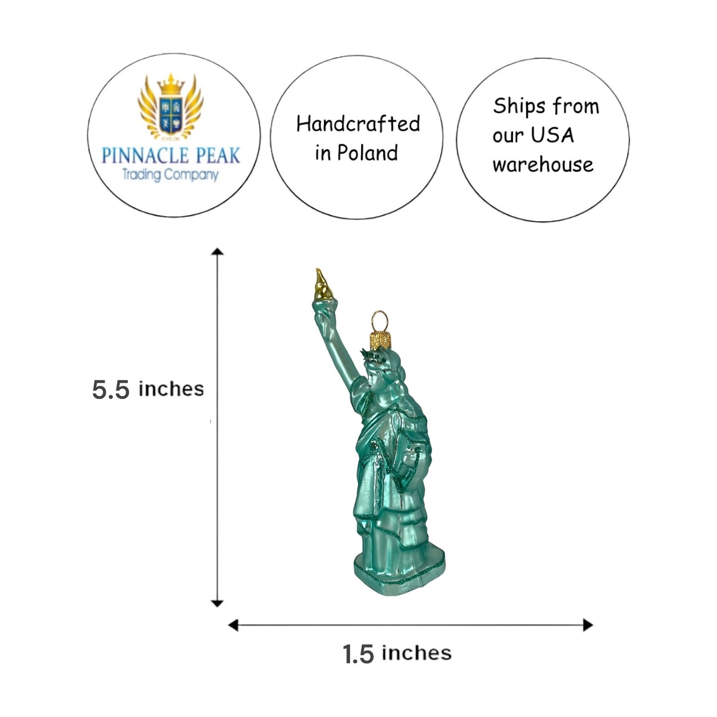 Pinnacle Peak Trading Statue of Liberty Polish Glass Christmas Tree Ornament New York America USA