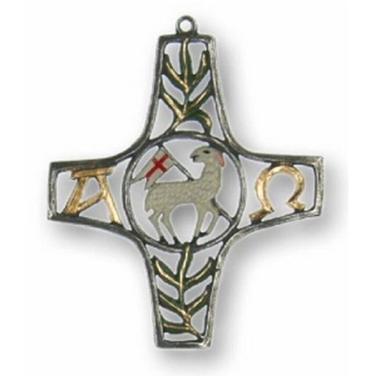 Religious Cross with Small Sacrificial Lamb German Pewter Christmas Ornament