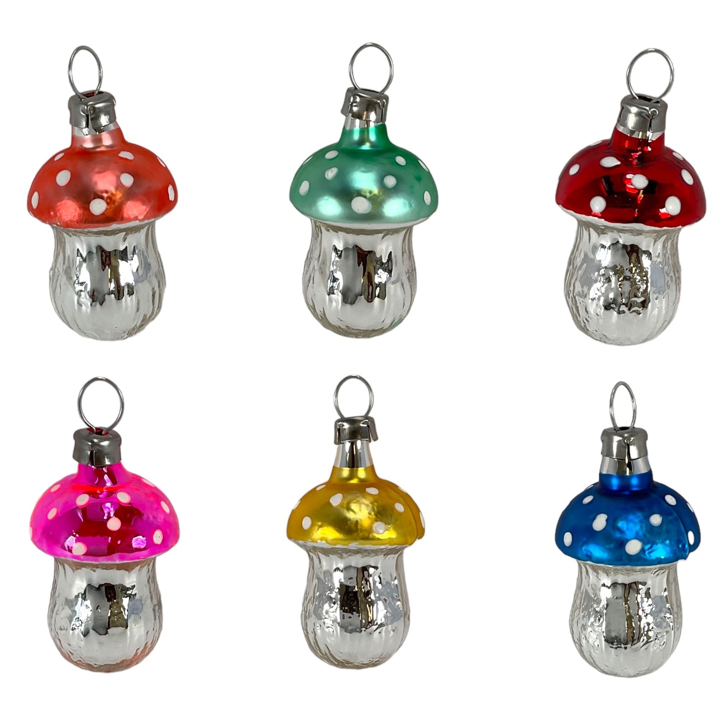 Mini Multicolor Mushroom Vintage Look German Glass Christmas Ornaments Set of 6