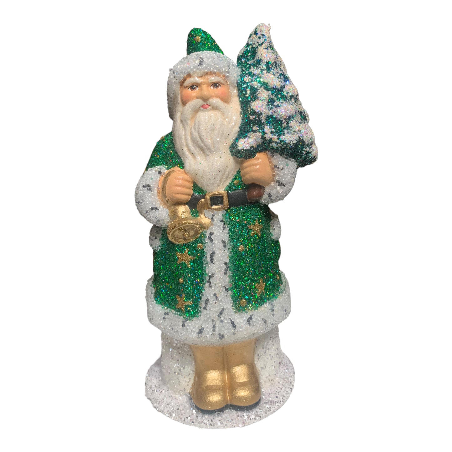 Ino Schaller Green Coat Santa with Gold Stars German Paper Mache 7 Inch