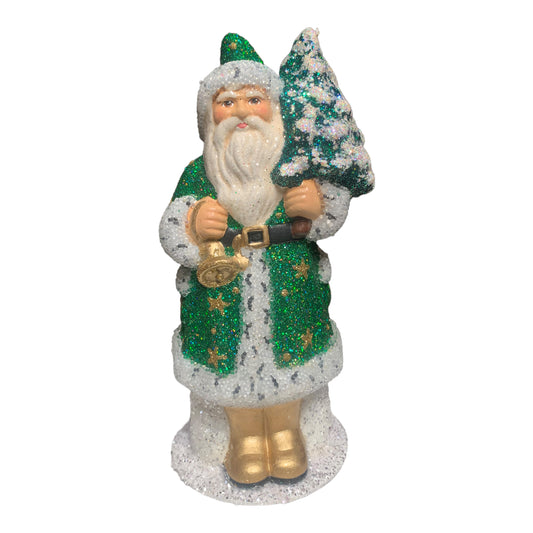 Ino Schaller Green Coat Santa with Gold Stars German Paper Mache 7 Inch