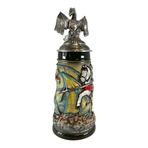 Rustic Medieval Knight Fighting Dragon with Dragon Lid LE German Beer Stein .5 L