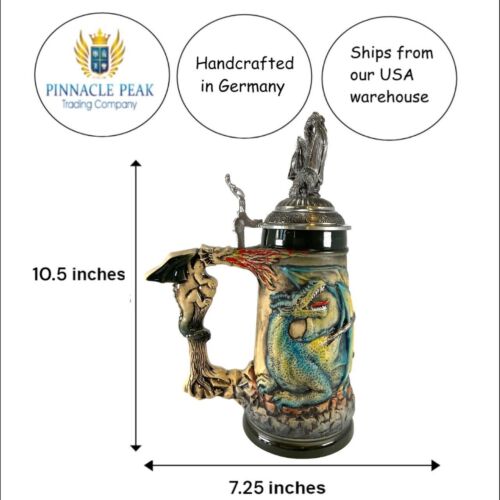 Rustic Medieval Knight Fighting Dragon with Dragon Lid LE German Beer Stein .5 L