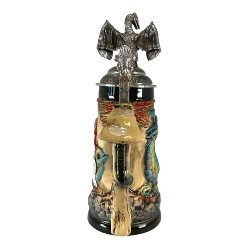 Rustic Medieval Knight Fighting Dragon with Dragon Lid LE German Beer Stein .5 L