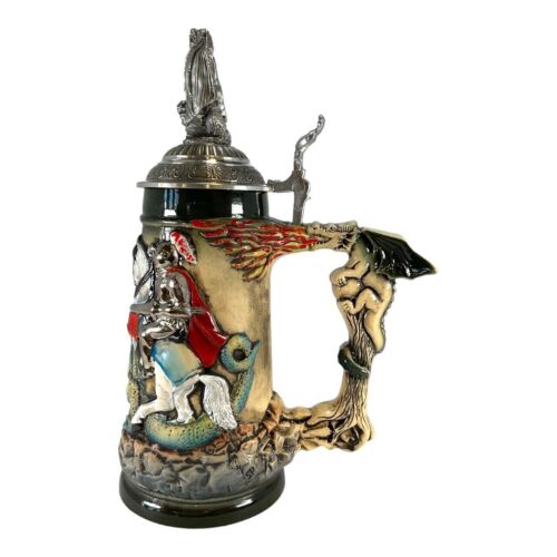 Rustic Medieval Knight Fighting Dragon with Dragon Lid LE German Beer Stein .5 L