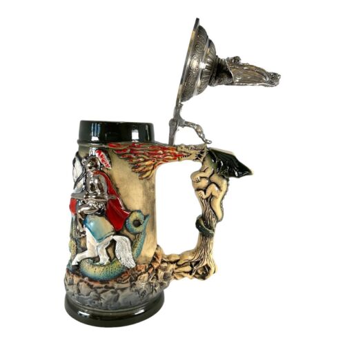 Rustic Medieval Knight Fighting Dragon with Dragon Lid LE German Beer Stein .5 L