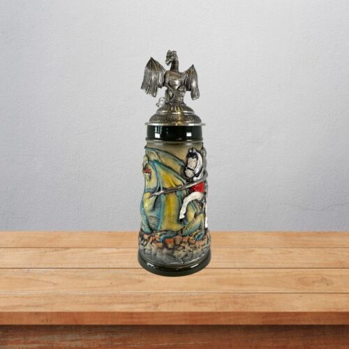 Rustic Medieval Knight Fighting Dragon with Dragon Lid LE German Beer Stein .5 L