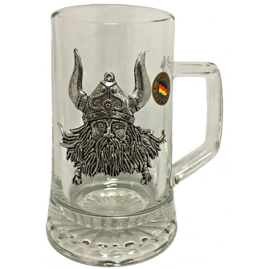 Pewter Viking Wearing Helmet Decal German Glass Beer Stein Mug .4 Liter