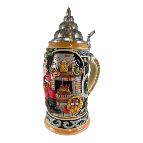 Santa Claus at Home Sitting by Fireplace LE German Christmas Beer Stein .75 L