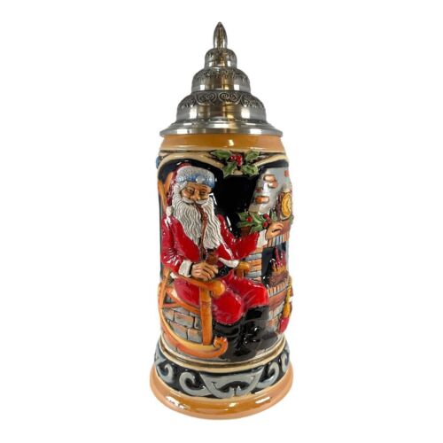 Santa Claus at Home Sitting by Fireplace LE German Christmas Beer Stein .75 L