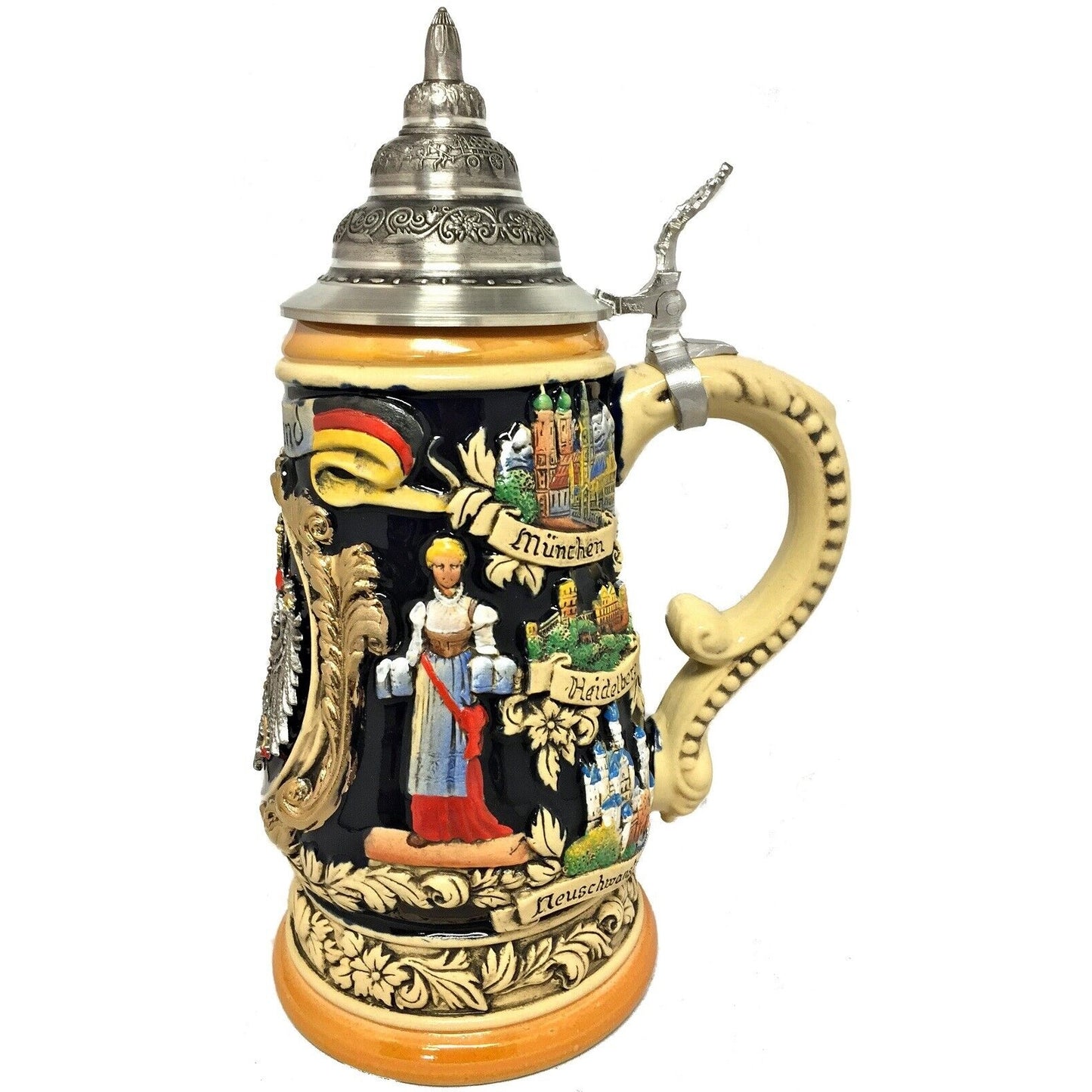 Pinnacle Peak Trading Deutschland Germany with Pewter Eagle and Cities LE Relief German Beer Stein 1 L by King Werk