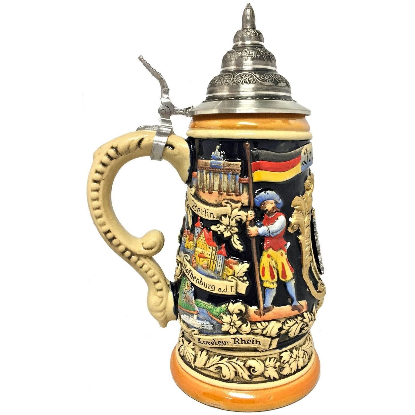 Pinnacle Peak Trading Deutschland Germany with Pewter Eagle and Cities LE Relief German Beer Stein 1 L by King Werk