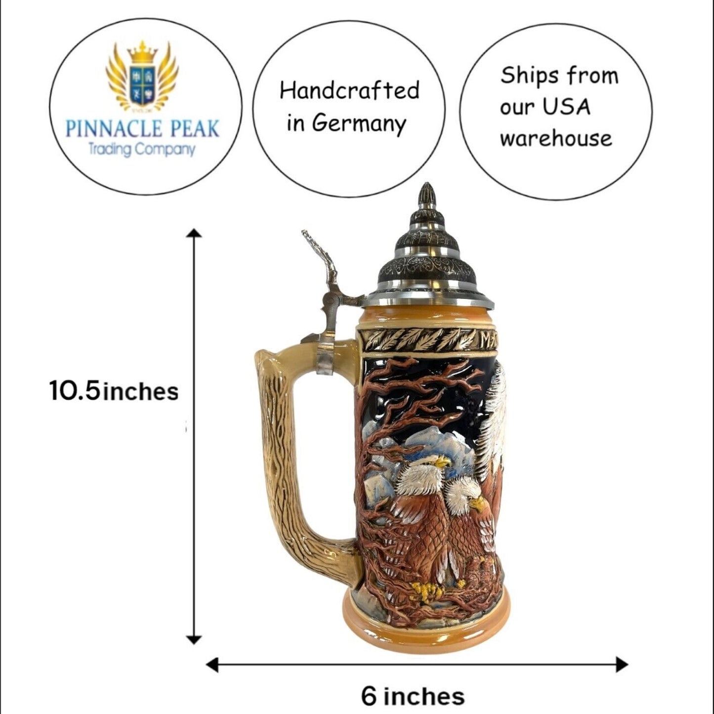 Pinnacle Peak Trading Majestic Bald Eagles LE German Stoneware Beer Stein .75 L Made in Germany by King Werk