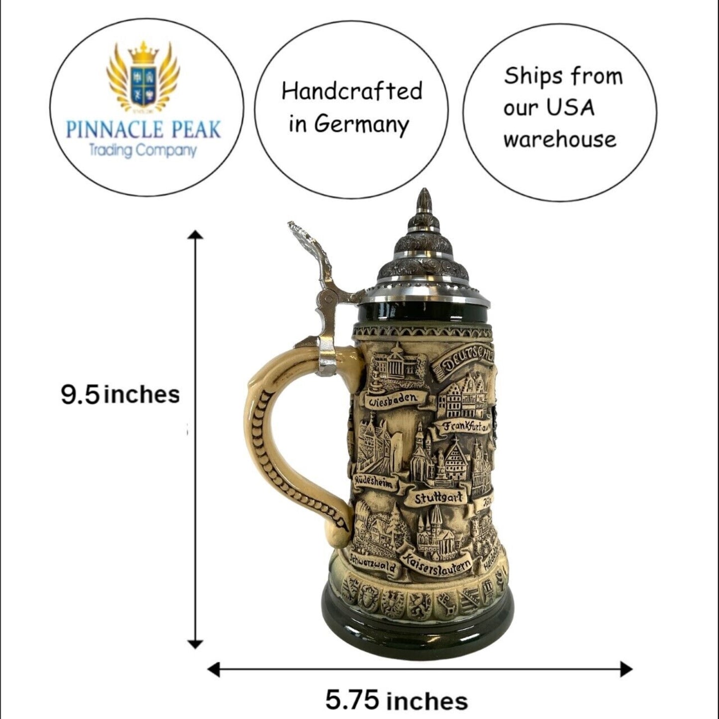 Pinnacle Peak Trading Rustic German Cities with Pewter Eagle Decal LE Stoneware Beer Stein .4 L by King Werk