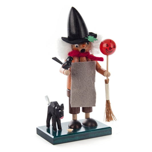 Pinnacle Peak Trading German Wood Mini Smoker Halloween Witch with Cat Incense Smoker Burner 6 Inch