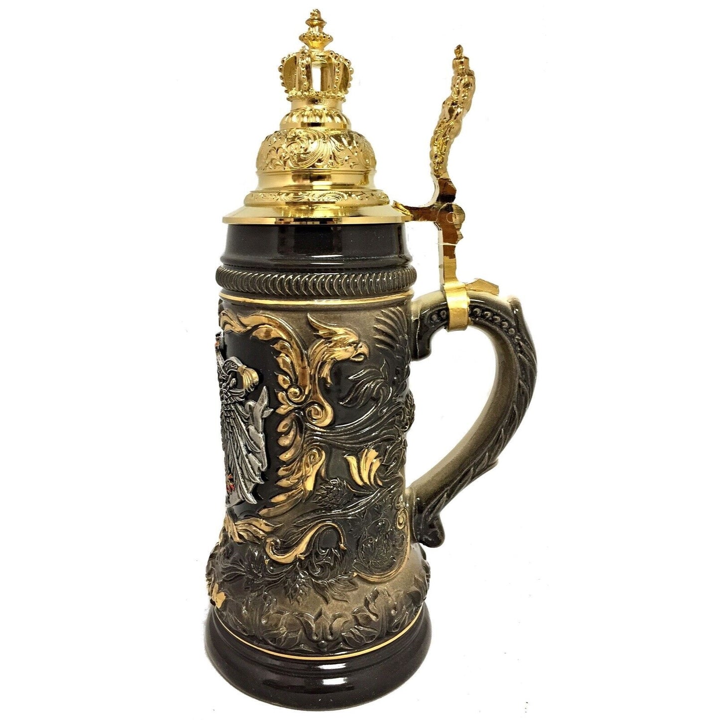 Black Deutschland Eagle with Gold Pewter Crown Lid LE German Beer Stein .5 L