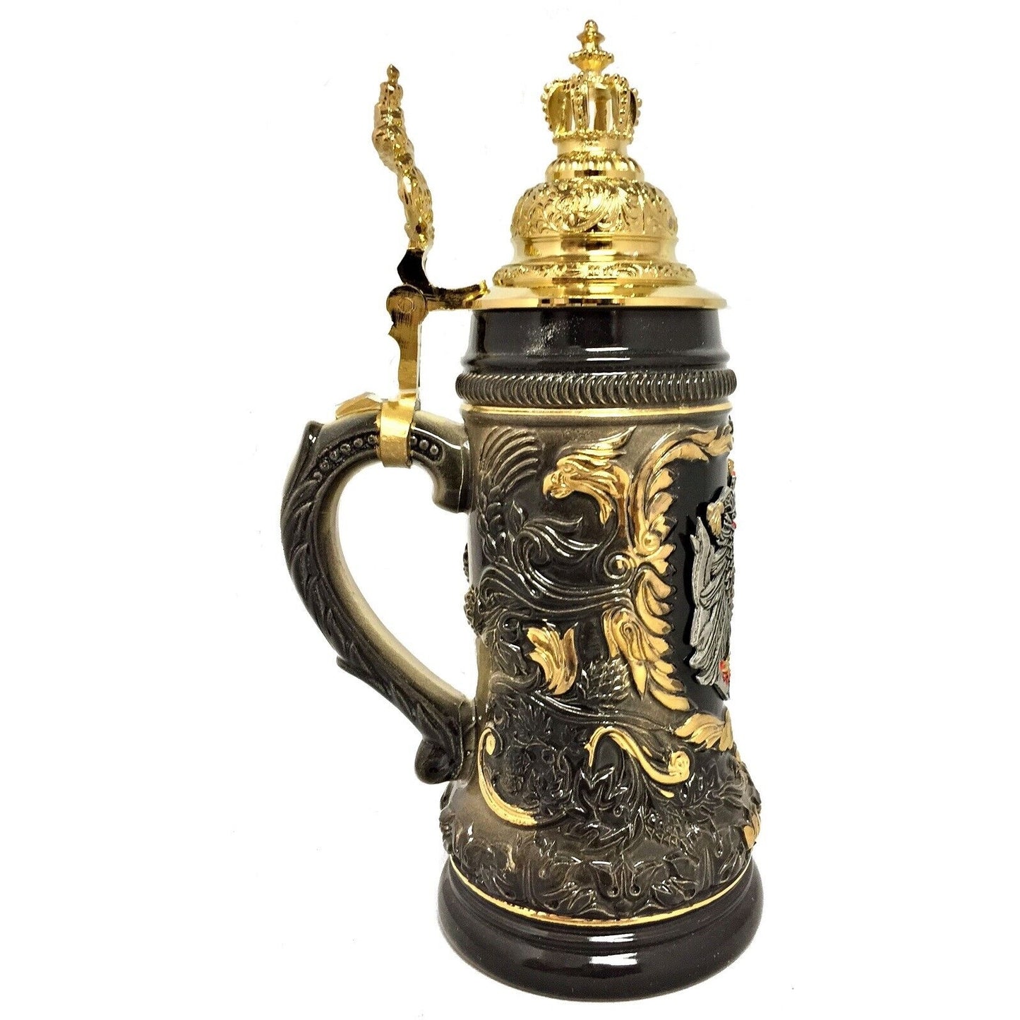 Black Deutschland Eagle with Gold Pewter Crown Lid LE German Beer Stein .5 L