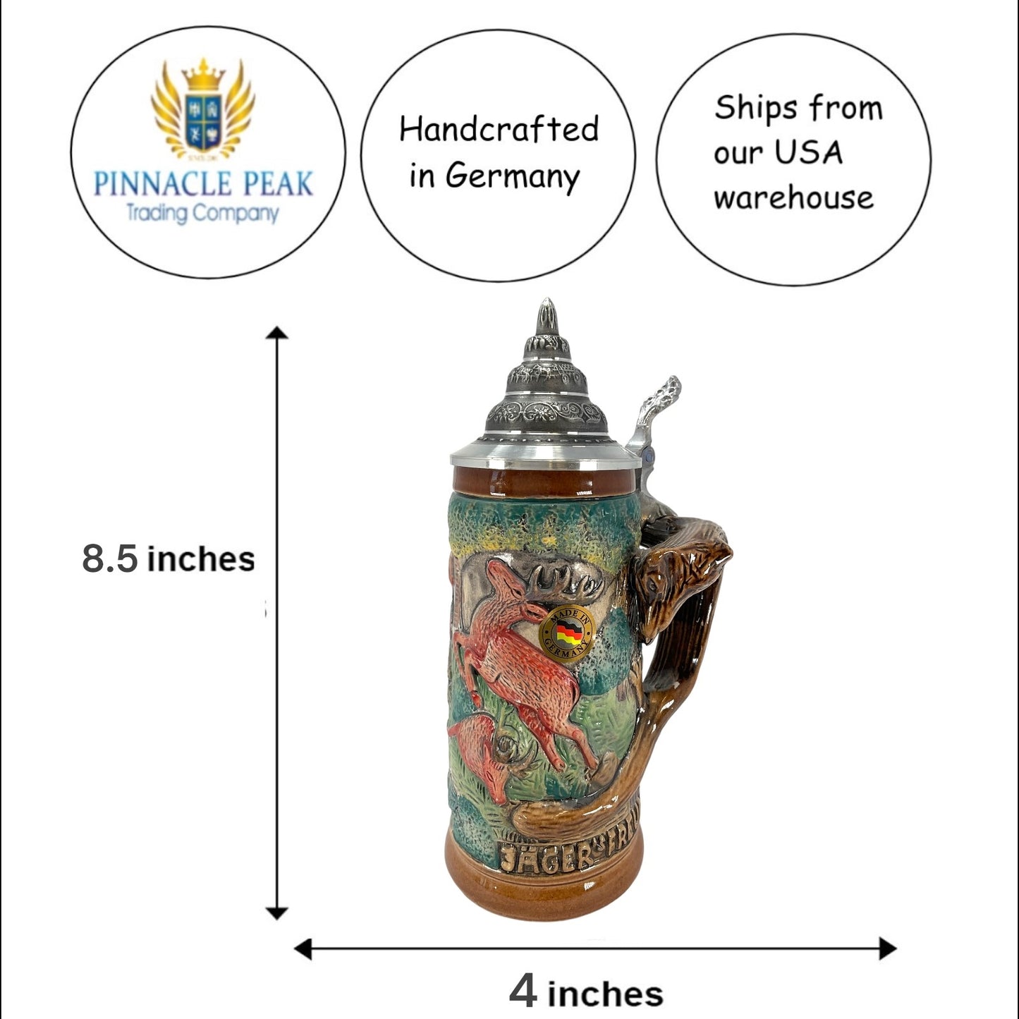 Pinnacle Peak Trading Hunter's German Beer Stein with Fox Handle .4L Made in Germany Hunting