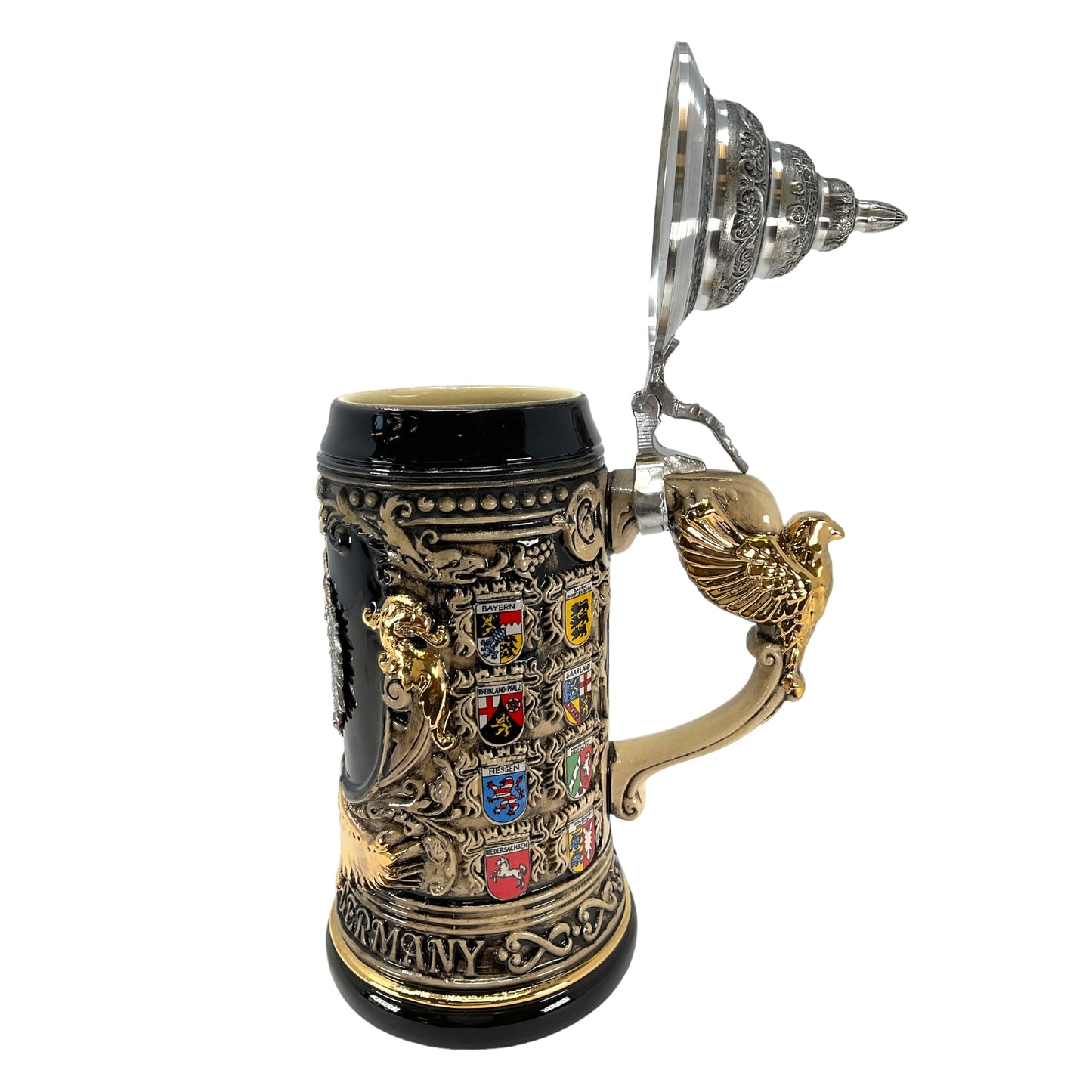 Pinnacle Peak Trading LE German State Crests with Pewter Eagle Decal and Golden Eagle Handle German Beer Stein .75 Liter by King Werk