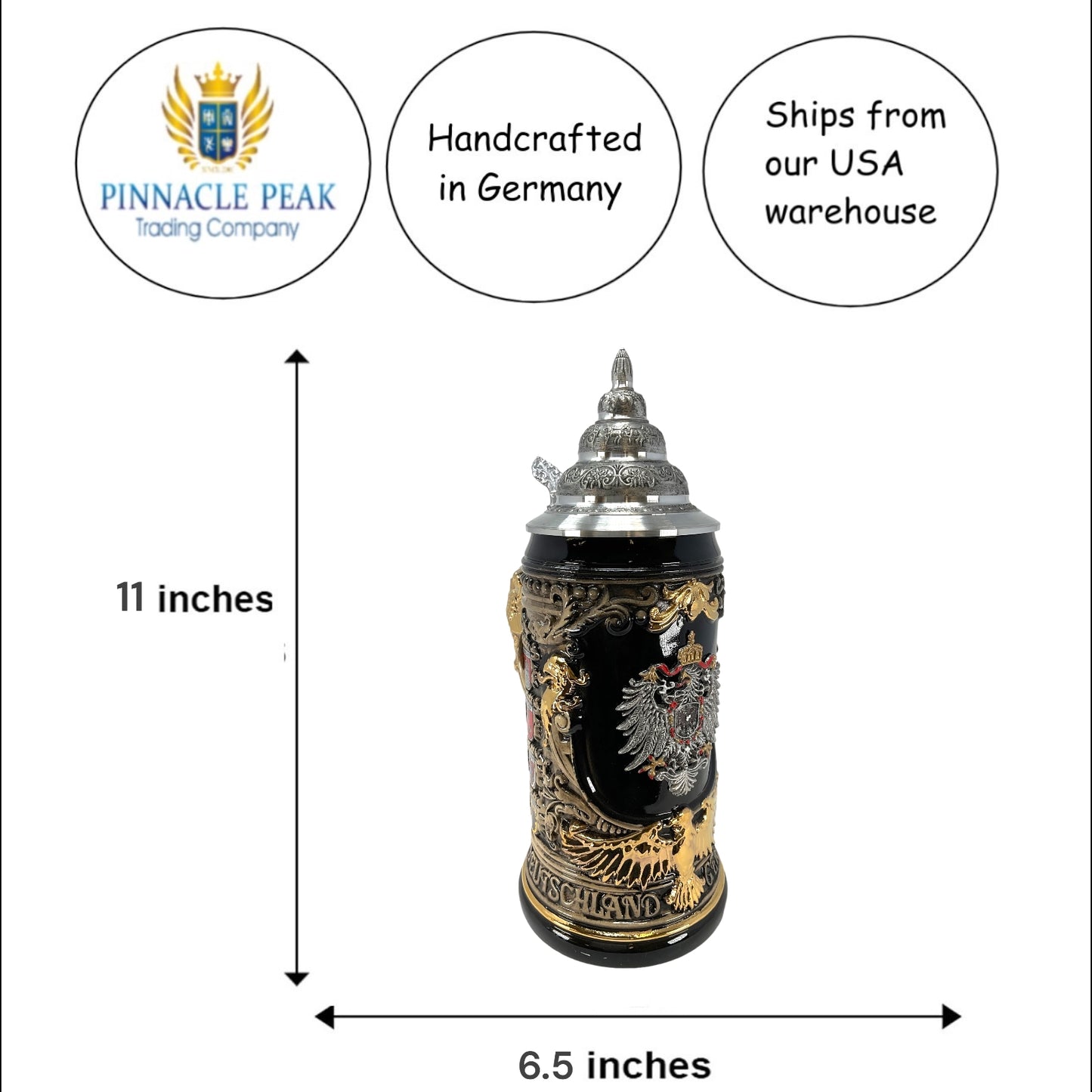 Pinnacle Peak Trading LE German State Crests with Pewter Eagle Decal and Golden Eagle Handle German Beer Stein .75 Liter by King Werk