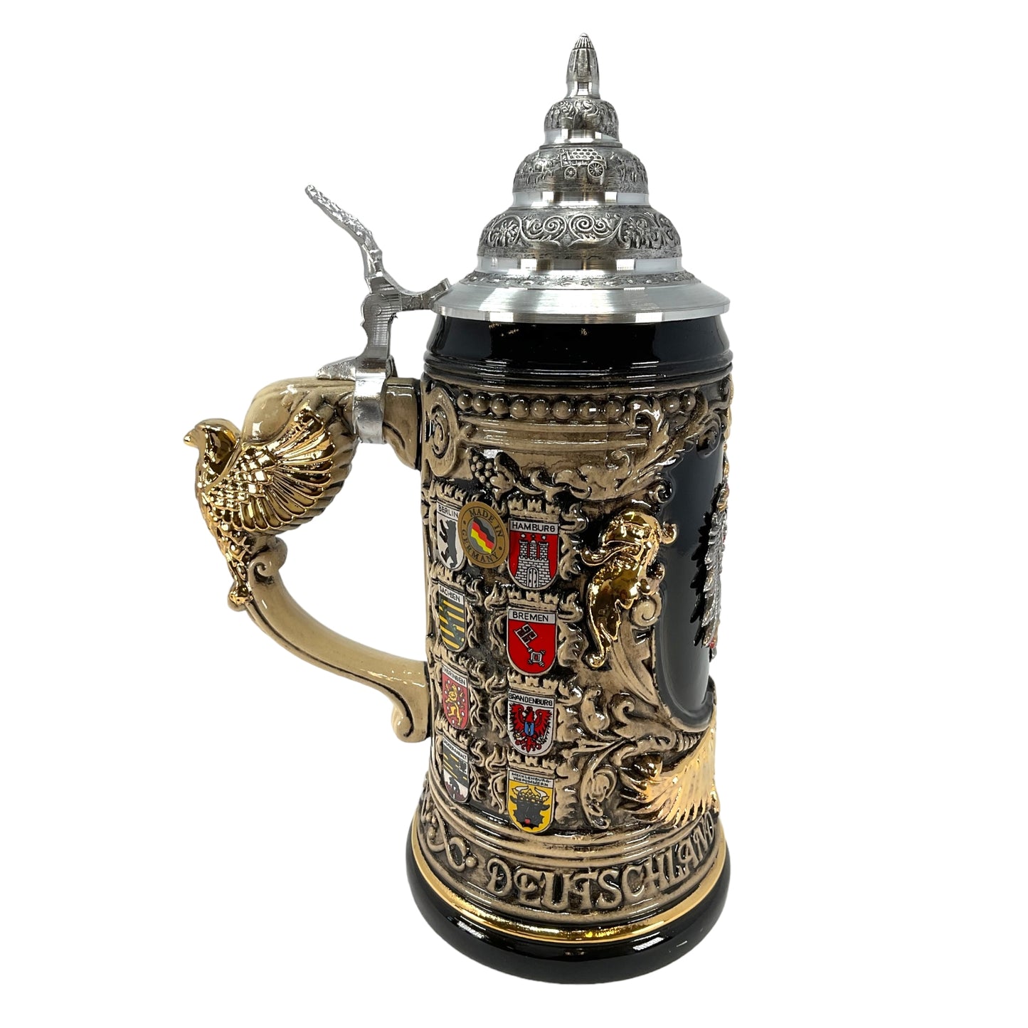 Pinnacle Peak Trading LE German State Crests with Pewter Eagle Decal and Golden Eagle Handle German Beer Stein .75 Liter by King Werk