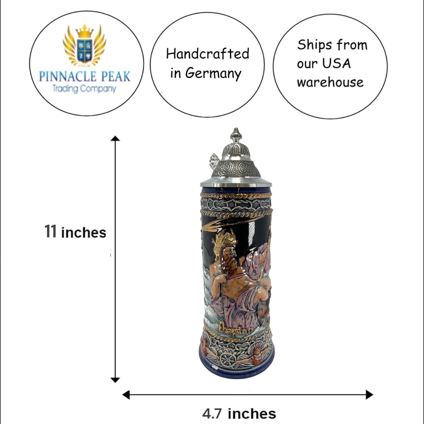 Pinnacle Peak Trading LE Neptune God of the Seas with Mermaid Handle German Beer Stein .75 Liter