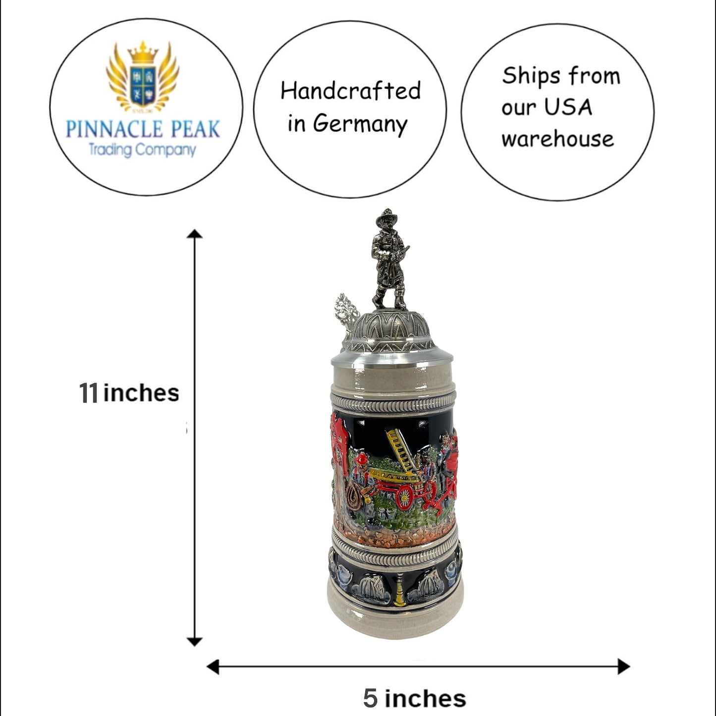 Pinnacle Peak Trading Fire Brigade with 3D Firefighter Pewter Lid German Beer Stein .5 Liter by King Werks