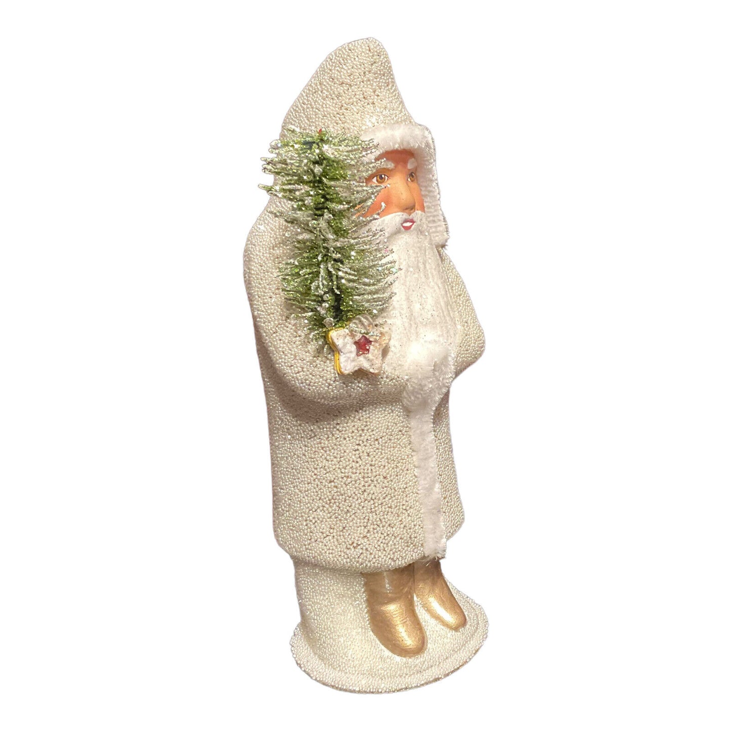 Ino Schaller White Gold Santa with Star Tree German Paper Mache Candy Container 10.75 Inch