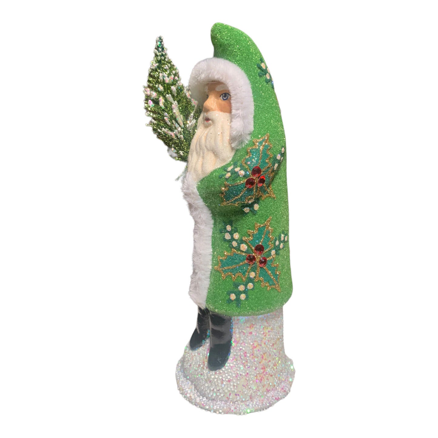 Ino Schaller Green Beaded Holly Leaf Santa German Paper Mache 7.5 Inch