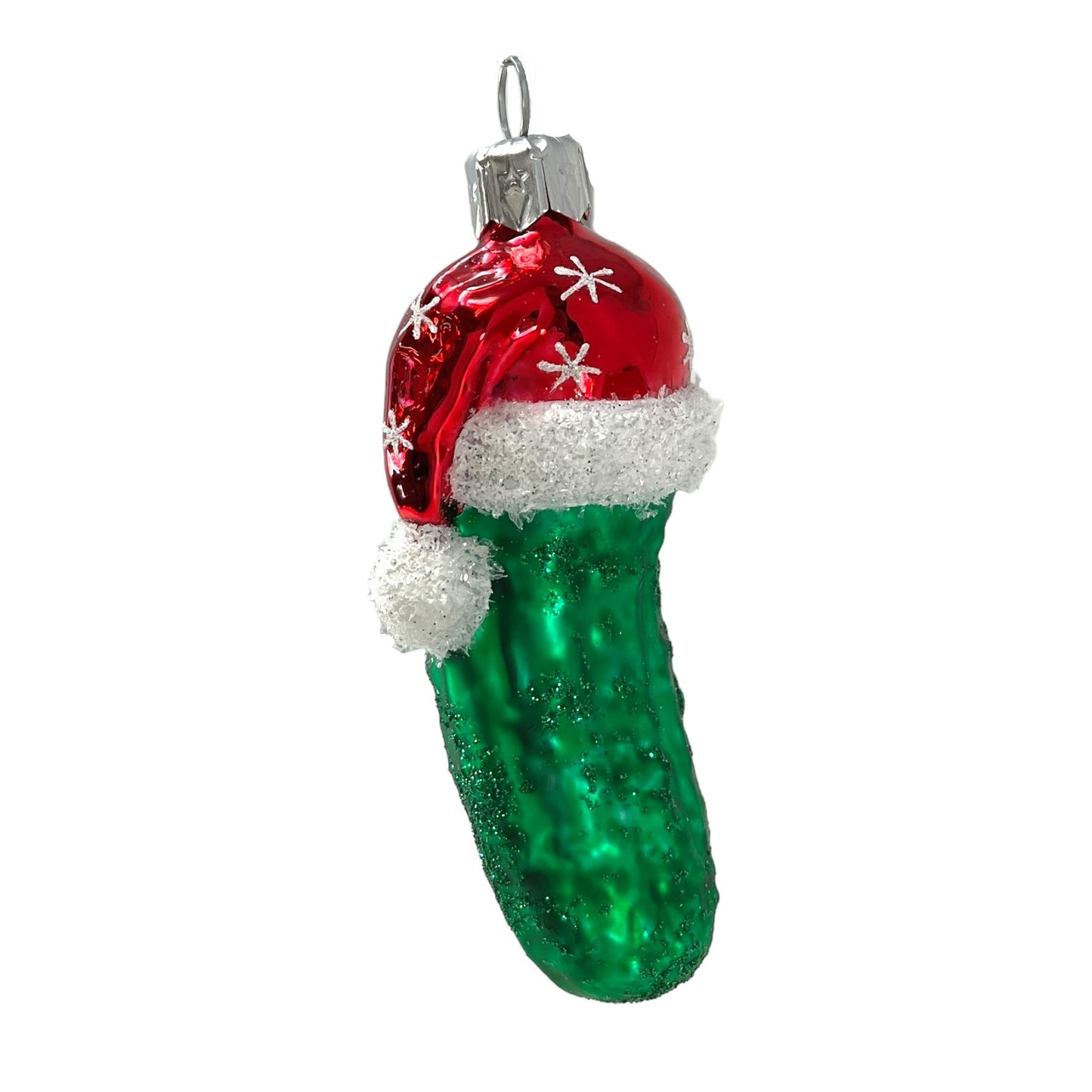 Pinnacle Peak Trading Christmas Pickle Wearing Snowflake Santa Hat Polish Glass Ornament 4 inch