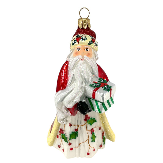 Pinnacle Peak Trading Poinsettia Santa Holding Presents Polish Glass Christmas Tree Ornament 5 inch