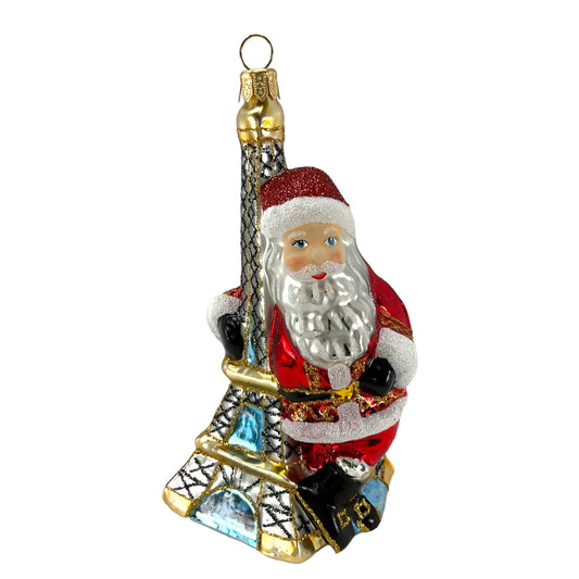 Pinnacle Peak Trading Santa Holding the Eiffel Tower Paris France Polish Glass Christmas Ornament 5.25 inch