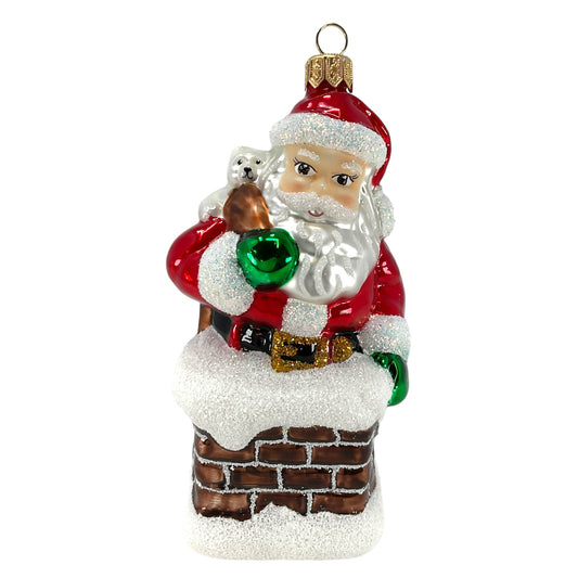 Pinnacle Peak Trading Santa Going Down Chimney with Bag of Presents Polish Glass Christmas Ornament 5.25 inch