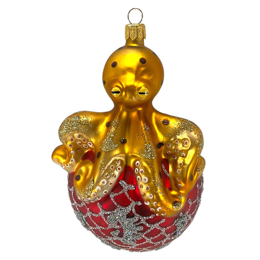 Pinnacle Peak Trading Octopus on Red and Silver Ball Polish Glass Christmas Ornament 5 inch