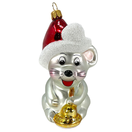 Pinnacle Peak Trading Mouse Holding Bell Wearing Santa Hat Polish Glass Christmas Ornament 4 inch