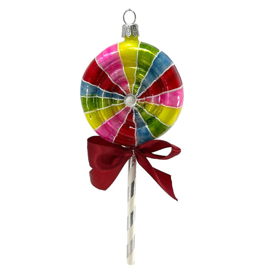 Pinnacle Peak Trading Rainbow Swirl Lollipop with Ribbon Polish Glass Christmas Ornament 7 inch
