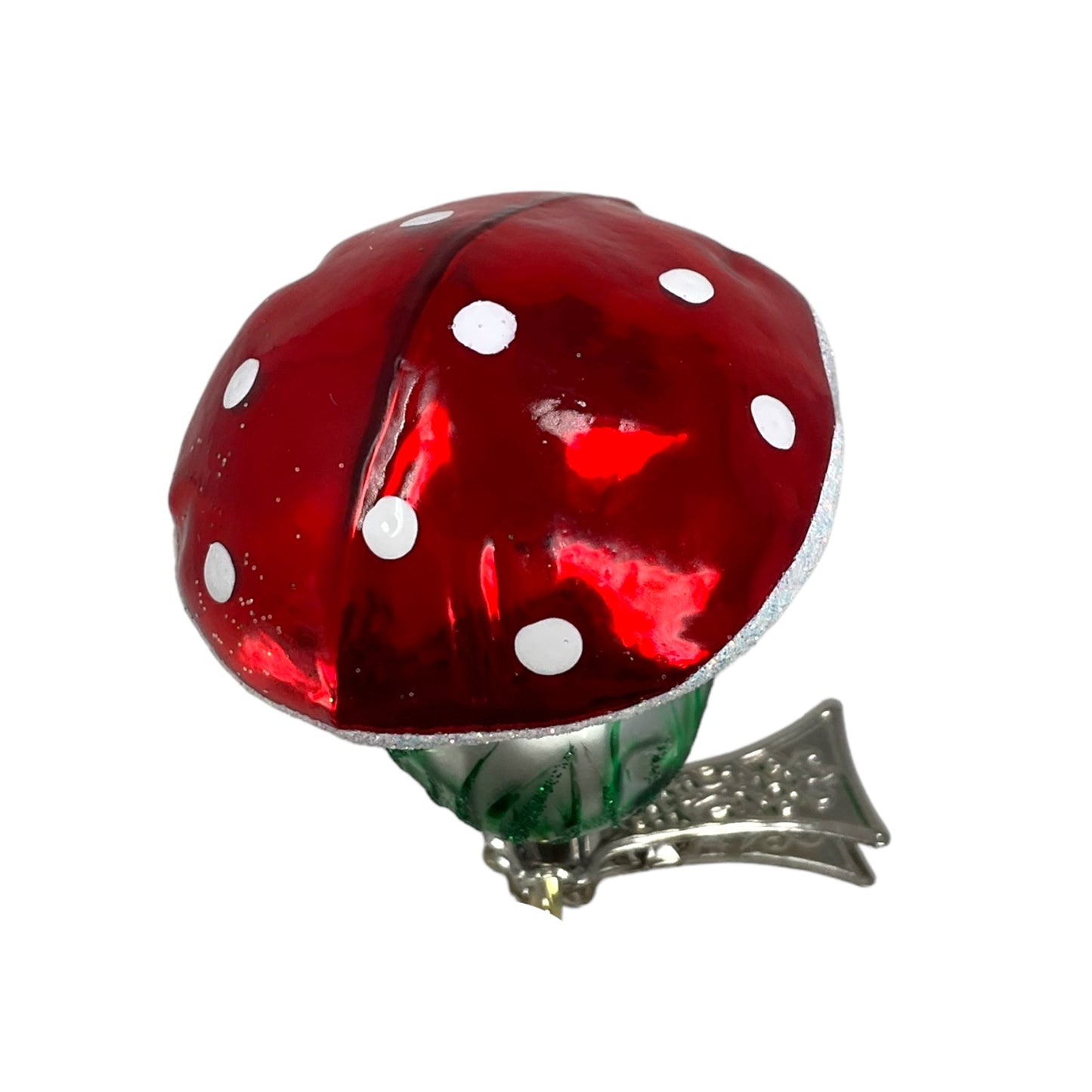 Pinnacle Peak Trading Red Toadstool Mushroom Clip on Polish Glass Christmas Tree Ornament 2.5 inch