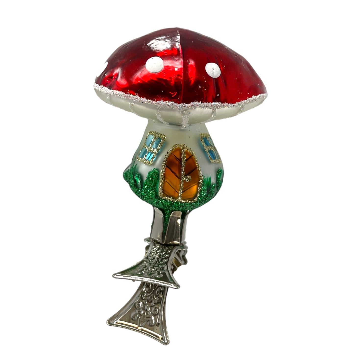 Pinnacle Peak Trading Red Toadstool Mushroom House Clip On Polish Glass Christmas Ornament 2 inch