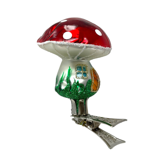 Pinnacle Peak Trading Red Toadstool Mushroom House Clip On Polish Glass Christmas Ornament 2 inch