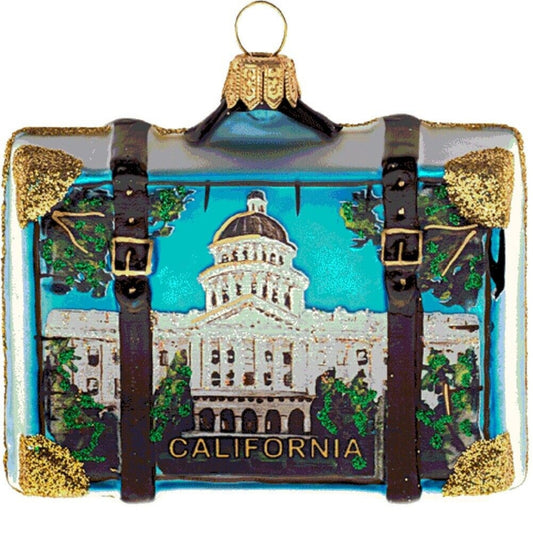 Pinnacle Peak Trading California Travel Suitcase Polish Glass Christmas Tree Ornament