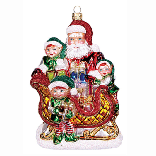 Pinnacle Peak Trading Santa with Elves and Present on Sled Polish Mouth Blown Glass Christmas Ornament