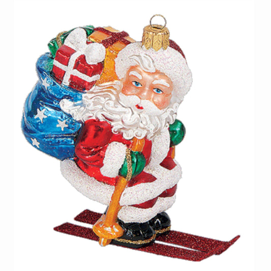 Pinnacle Peak Trading Skiing Santa with Presents Polish Glass Christmas Ornament