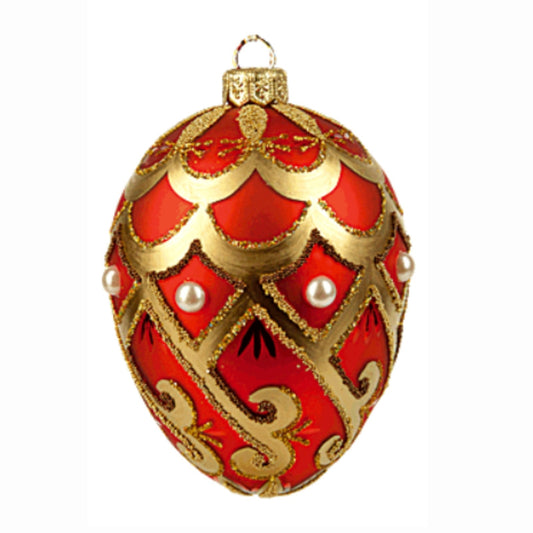 Pinnacle Peak Trading Red and Gold Swirl Pearl Egg Polish Glass Christmas Ornament Easter Decoration