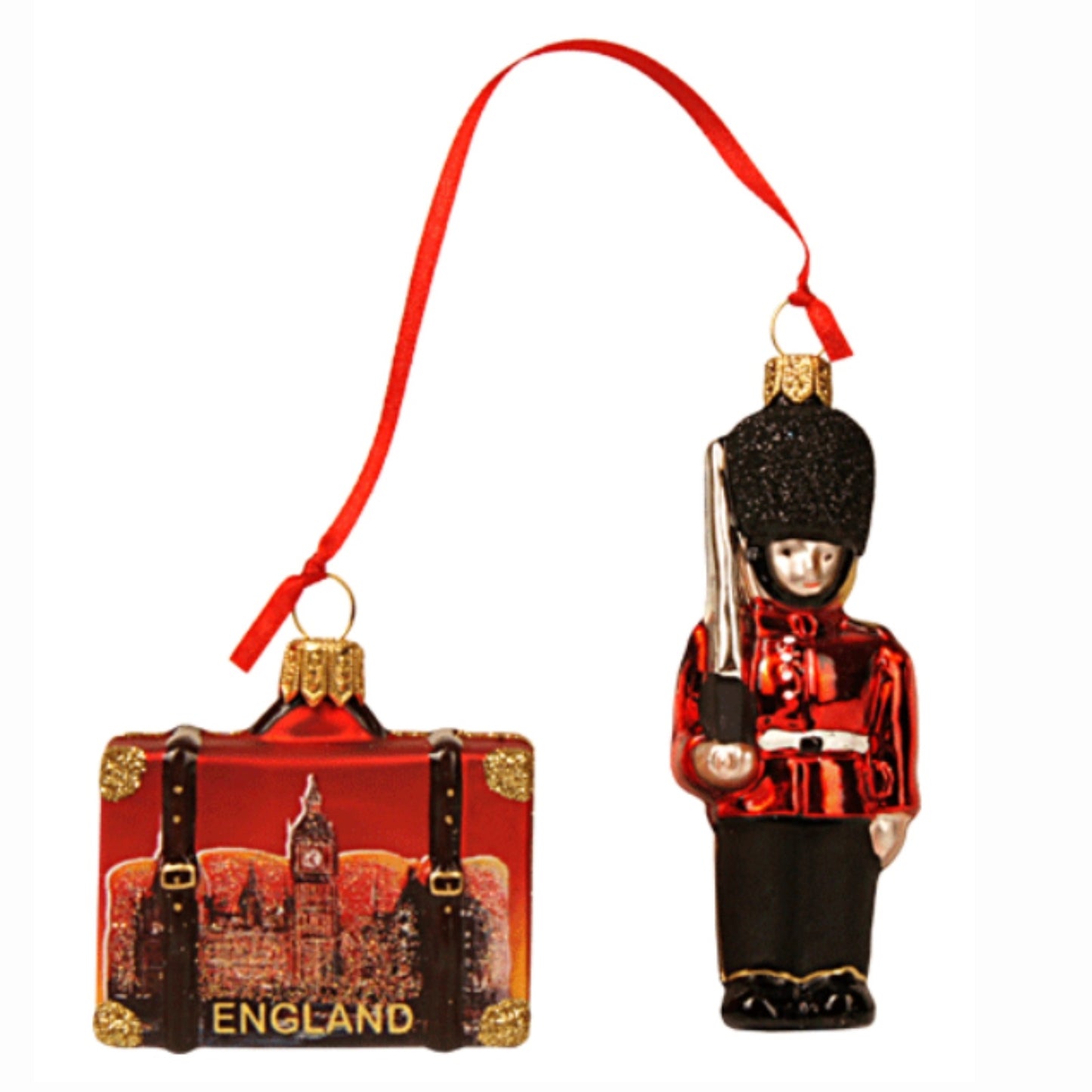 Pinnacle Peak Trading Mini England Guard and Travel Suitcase Polish Glass Christmas Ornament Set