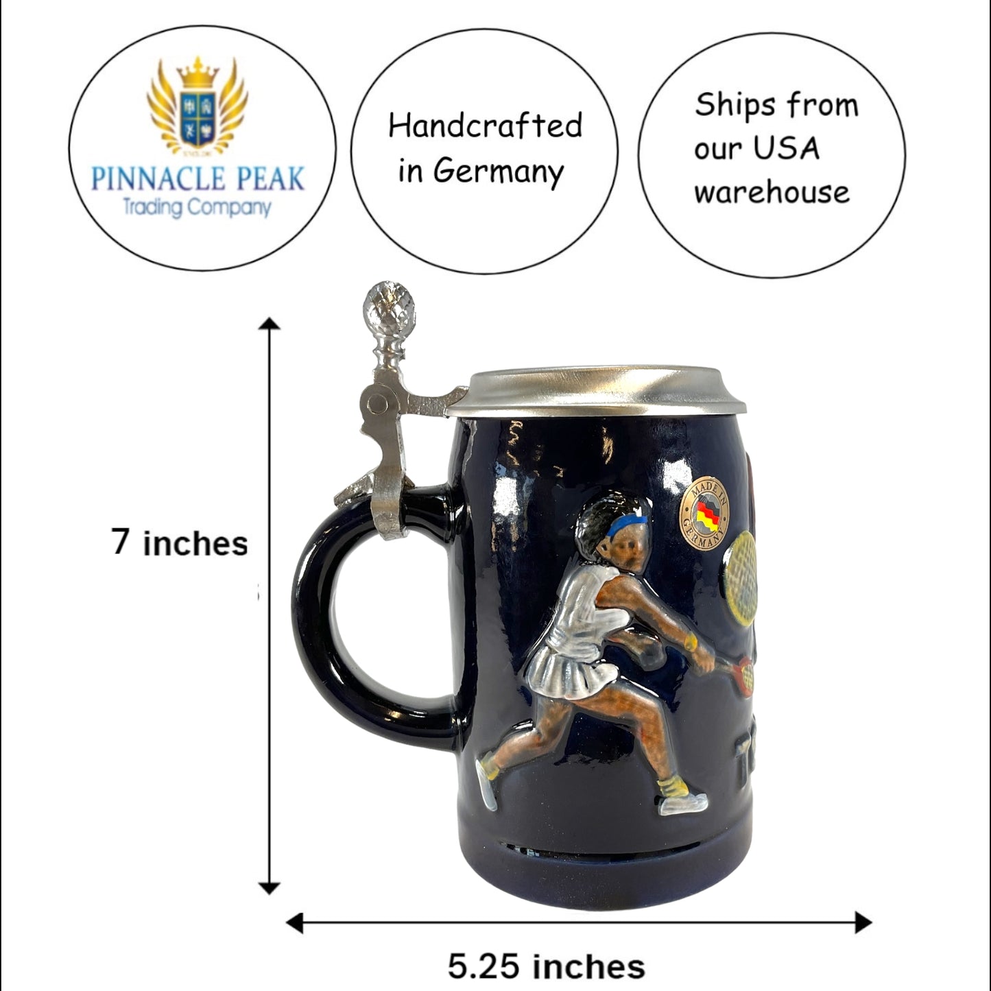 Pinnacle Peak Trading Tennis Player German Beer Stein with Flat Pewter Lid .5L ONE Mug Made in Germany by King Werks