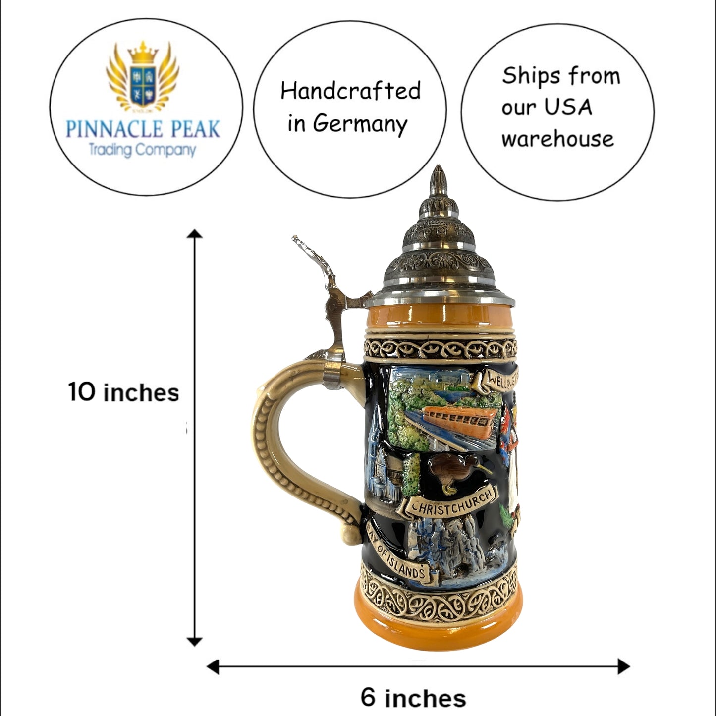 Pinnacle Peak Trading New Zealand Coat of Arms and Landmarks LE German Beer Stein .5 L by King Werks