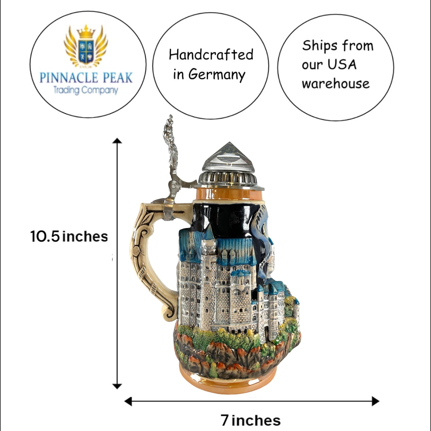 Pinnacle Peak Trading 3D Neuschwanstein Castle Bavaria with Crystal Lid LE German Beer Stein .7 L by King Werks