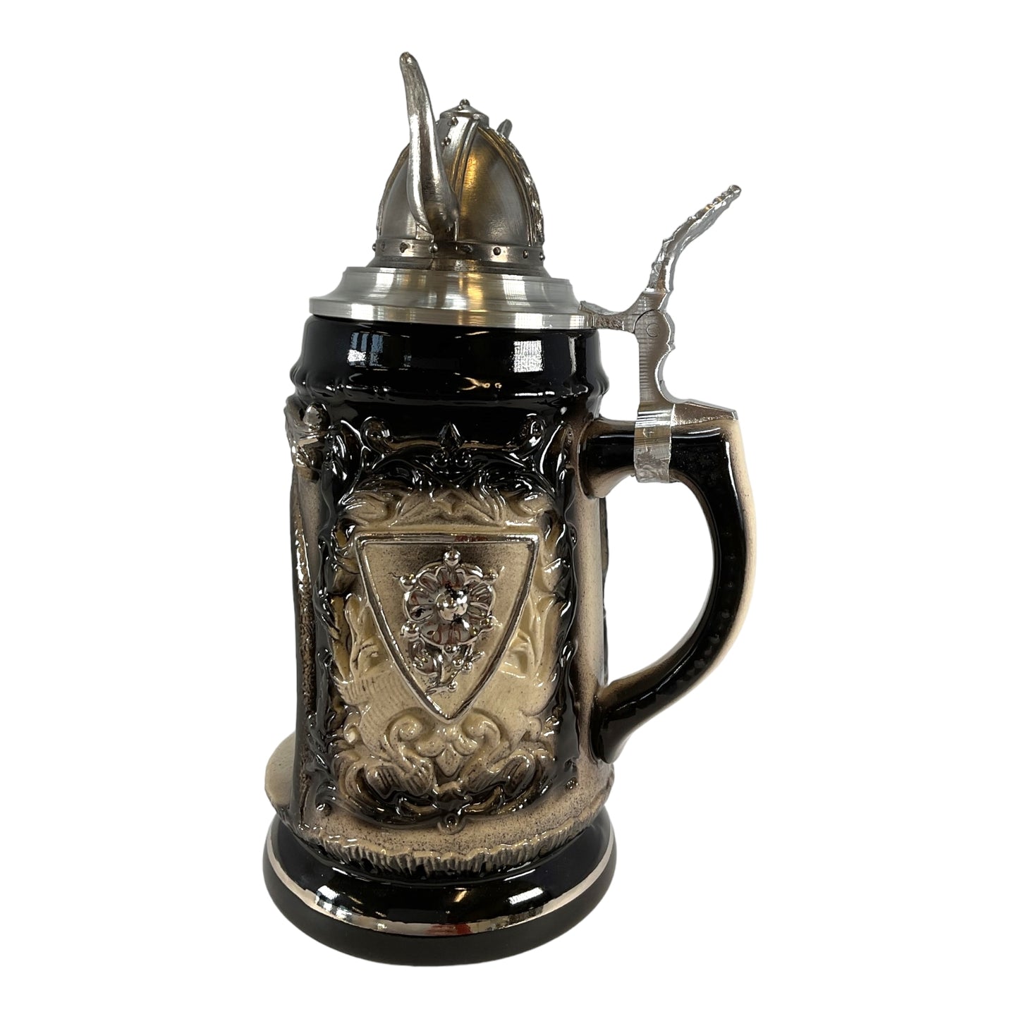 Pinnacle Peak Trading Viking Warrior in Grotto with Pewter Viking Helmet Lid LE German Beer Stein .5 L by King Werks