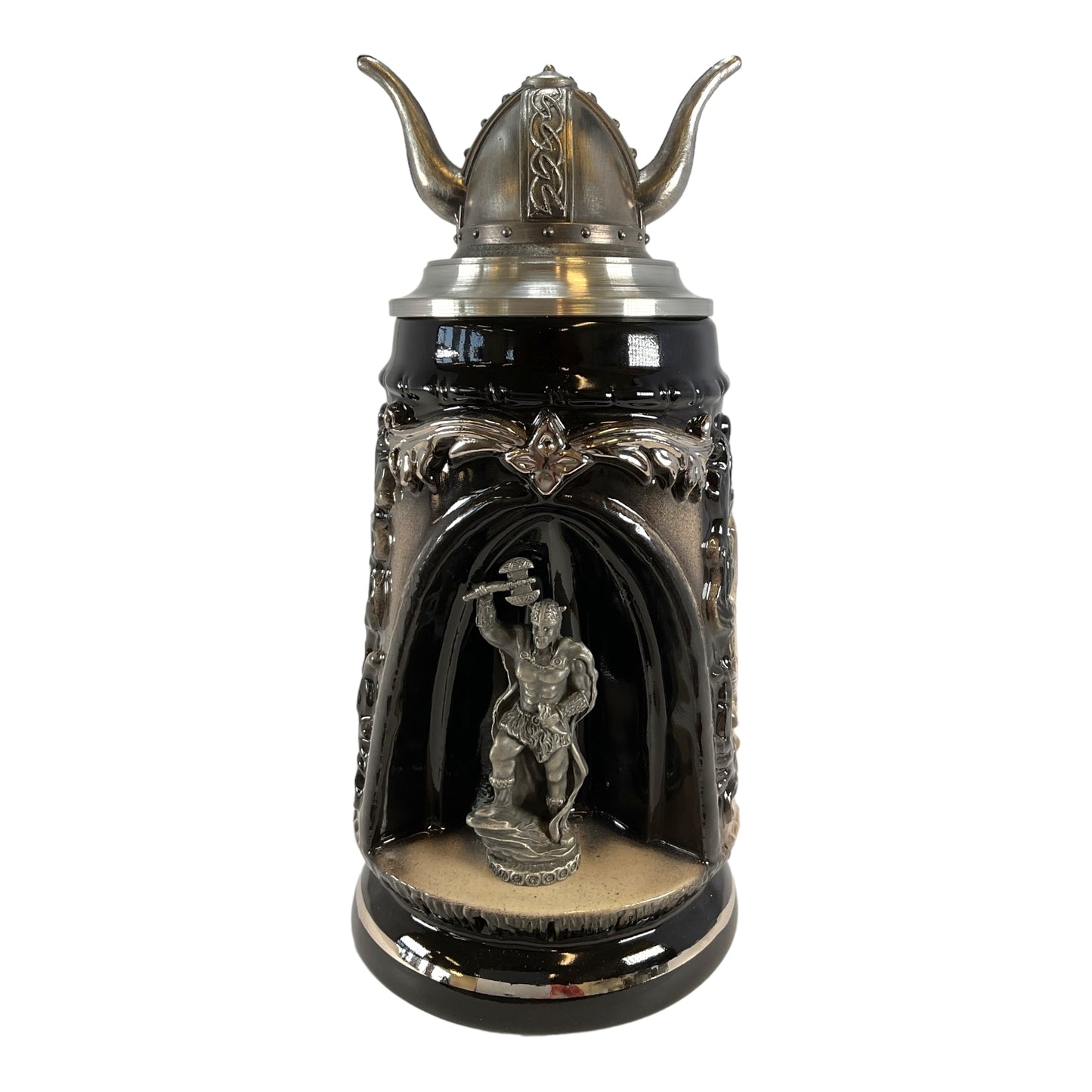 Pinnacle Peak Trading Viking Warrior in Grotto with Pewter Viking Helmet Lid LE German Beer Stein .5 L by King Werks